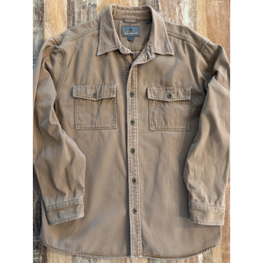 Royal Robbins Mens XL Khaki Cotton Twill Long Sleeve Button Down Shirt Gorpcore